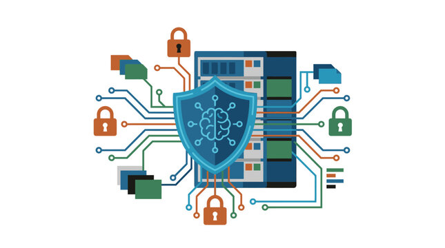 Vector illustration of a shield protecting a computer from cyber threats with locks.