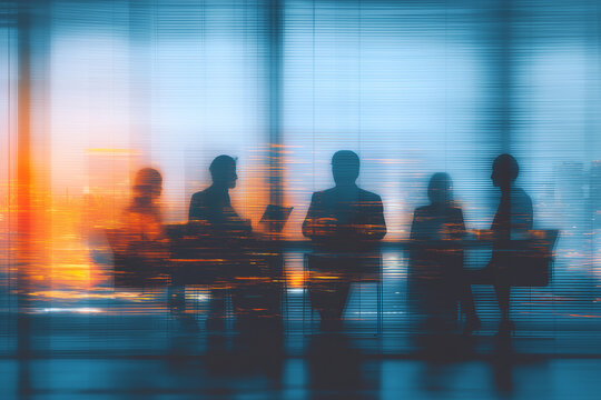 Business professionals in silhouette gather at a conference table within a modern office, framed by window blinds and a vibrant backdrop of mixed blue and orange city lights.
