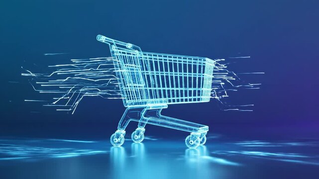 Minimalist scene featuring a translucent glass supermarket trolley formed from thin glowing wireframe lines, hovering above a smooth gradient background transitioning from deep blue to soft indigo,