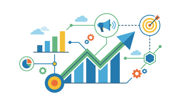 The vector illustration shows a business graph with an upward trend and various icons.