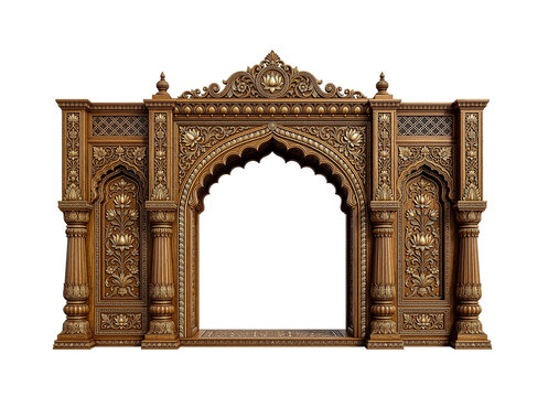 An ornate golden brown arched doorway with intricate carvings and floral patterns presented on transparent background high-quality professional detailed