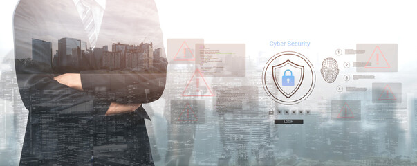 A business professional stands confidently before a cyber security interface, showcasing technology and data protection in an urban environment, emphasizing safety in modern operations. Ledger © InfiniteFlow