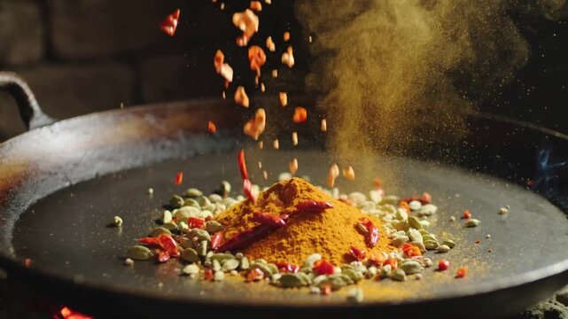 Spices being sprinkled on hot skillet with colorful herbs and powder  