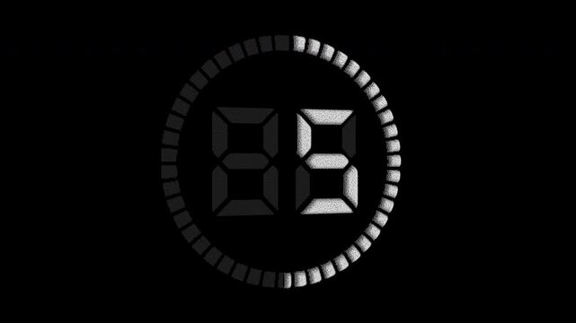 Animated black and white, and blue glowing countdown timer from 10 to 0 seconds on a black background. Minimal hitech countdown design, spatial video suitable for overlay, alpha, or tint layer