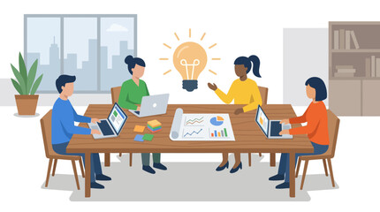Fototapeta premium A vector illustration of people brainstorming ideas around a table with laptops and papers in a modern office setting.