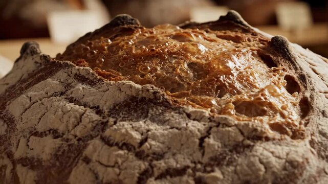 Video of freshly baked sourdough loaf surface with detailed crust fractures, natural fermentation bread concept, gourmet bakery background, extreme close-up focusing on intricate crack network and