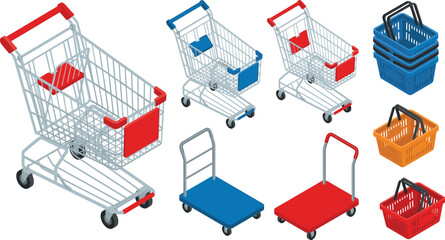 Isometric shopping carts and baskets set, supermarket trolley and warehouse flatbed cart vector illustration collection © VectoVerse