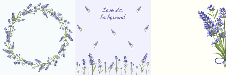 Set of lavender backgrounds with lavender bouquet, lavender wreath, lavender branches © Светлана Покидина
