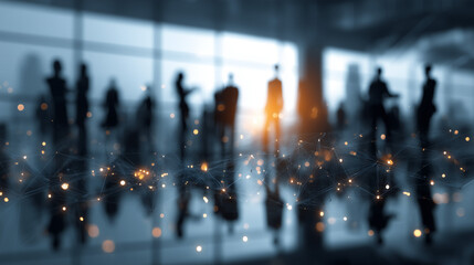 Obraz premium Silhouettes of business people are interacting in a modern open-plan office space at night with glowing network connections.