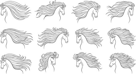 Line Art Illustrations of Horses with Flowing Manes in Black and White Design © Rumi