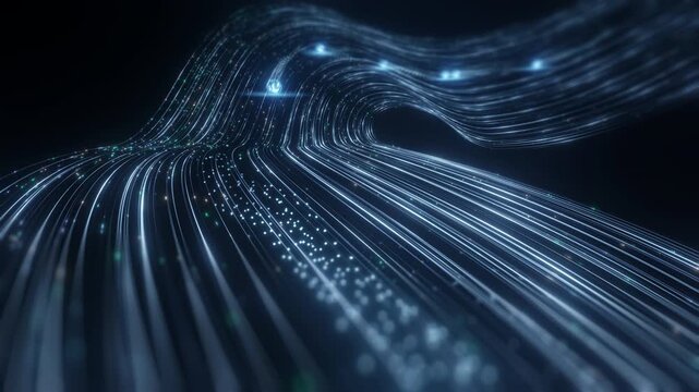 Glowing blue fiber optic lines flowing digital data packets. High speed internet connection network technology concept. Abstract futuristic cyber space information transfer motion.