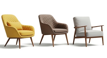 Fototapeta premium Three modern mid century armchairs with quilted fabric upholstery isolated on white background for interior design