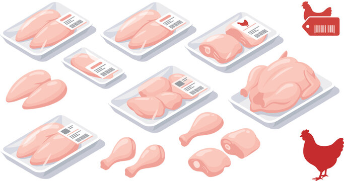 Isometric raw chicken meat packaging set, fresh poultry cuts in plastic trays vector illustration collection