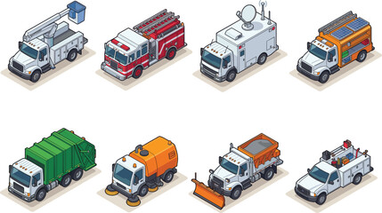 Isometric municipal utility vehicles set, city service trucks collection, emergency and maintenance transport vector illustration