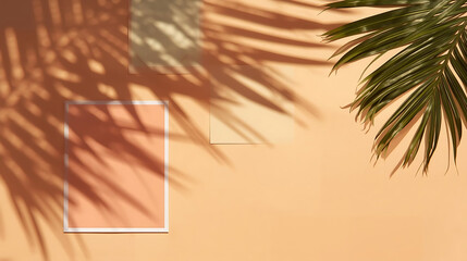 Fototapeta premium Tropical palm tree shadows on peach wall with white frame