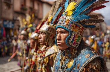 Fototapeta premium Vibrant Traditional Parade Showcasing Andean Cultural Heritage in Colorful Headdress