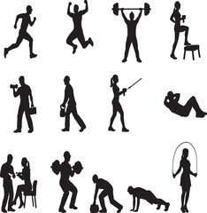 Obraz premium Set of black silhouettes featuring people in various poses: walking, running, sitting, and standing. Isolated vector human figures on a white background.