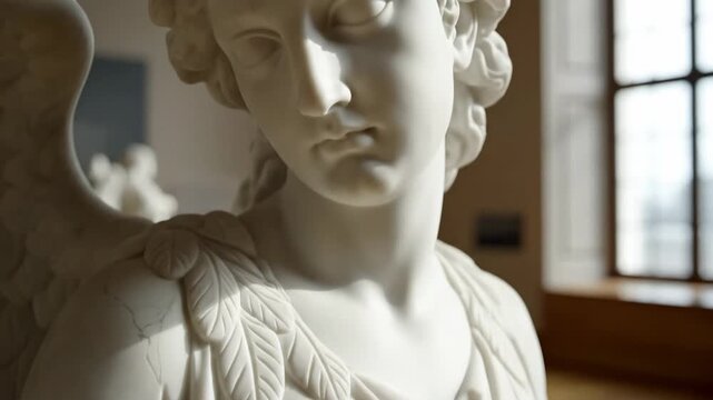 Video of angel statue detail with marble texture close-up in soft daylight, classical sculpture and timeless art heritage concept.
