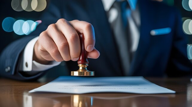 Professional businessman in a dark suit using a traditional wooden stamp to authorize a formal legal contract on a wooden office desk with blurry bokeh lights in the background during a business