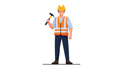 Construction Worker Holding a Hammer: A construction worker stands confidently, holding a hammer, poised and ready for action, epitomizing the spirit of skilled craftsmanship. © Abu
