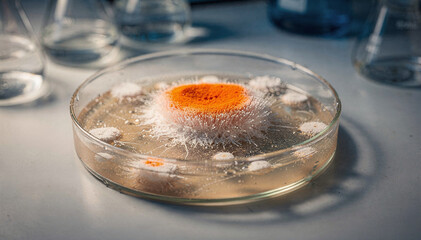 Vibrant Microbial Colony Growth in a Petri Dish, Showcasing a Striking Orange Center Surrounded by Fungi and Liquid Medium in a Science Laboratory Setting