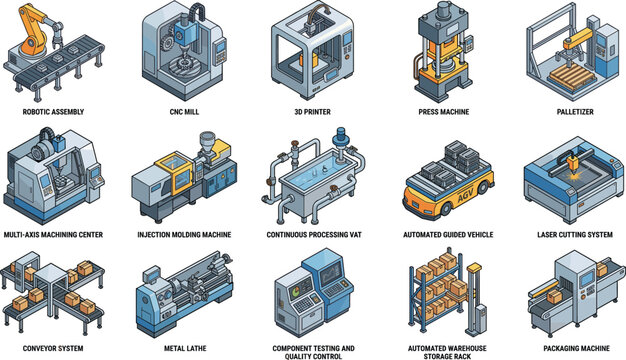 Set of isometric industrial machinery vector illustrations for smart factory automation and manufacturing process icons