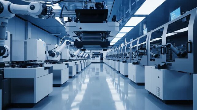 Video of futuristic microchip factory cleanroom environment with precision fabrication equipment, modern silicon wafer production facility for technology branding and industrial visuals, symmetrical