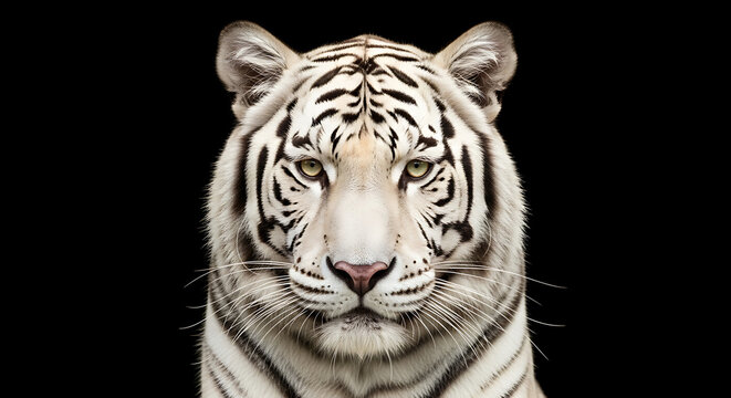 Stunning Studio Portrait of a Majestic Striped White Tiger Showcasing Its Intense Gaze and Powerful Features in a Close-up Front View Highlighting Dangerous Beauty and Exquisite Feline Elegance
