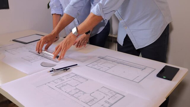 Two architects drawing a blueprint, collaborating on a house project. An engineer and a draftsman planning building construction using technical drawing tools on a desk