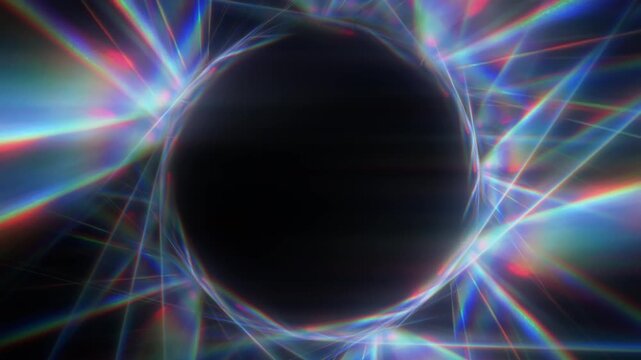 Abstract rainbow prismatic light streaks circling central black void. Seamless loop artificial neural networks data flow technology. High-speed light motion futuristic background concept.