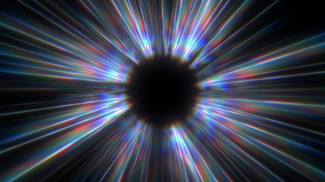 Vibrant radial light beams chromatic aberration dark center. Looped motion effect warp speed hyperspace journey. High contrast cinematic visual background for video projects.