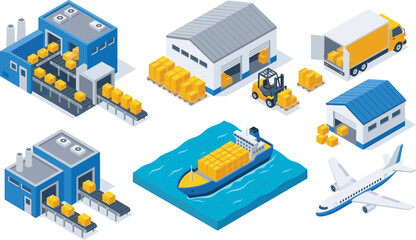 Set of isometric logistics and supply chain vector illustrations featuring warehouses, cargo ships, airplanes, and delivery trucks © VectoVerse