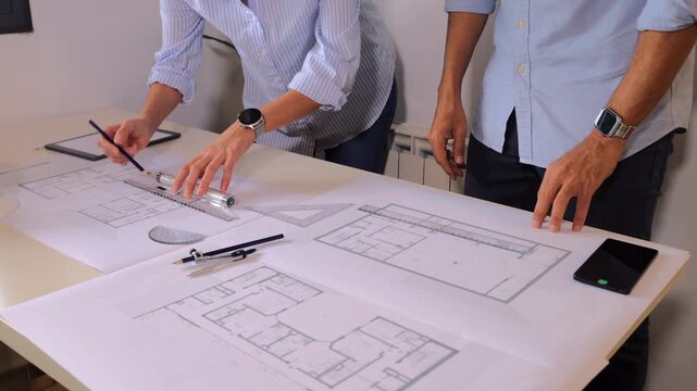 Two skilled architects working together on a building design, using professional drafting tools to draw and meticulously check details on the house floor plan blueprints