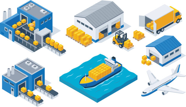 Set of isometric logistics and supply chain vector illustrations featuring warehouses, cargo ships, airplanes, and delivery trucks
