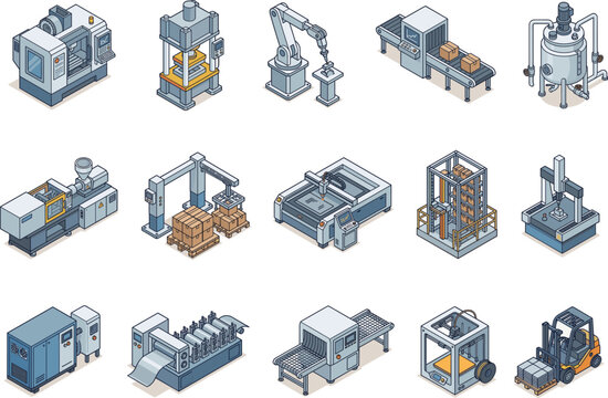 Set of isometric industrial machinery vector illustrations for smart factory automation, heavy manufacturing, and warehouse logistics