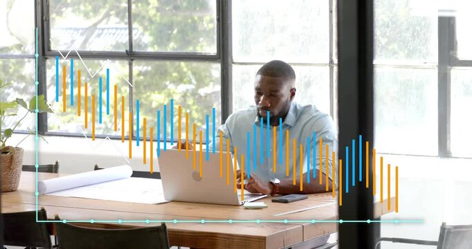 Man tapping laptop keys triggers bar charts moving with rising lines for business analysis