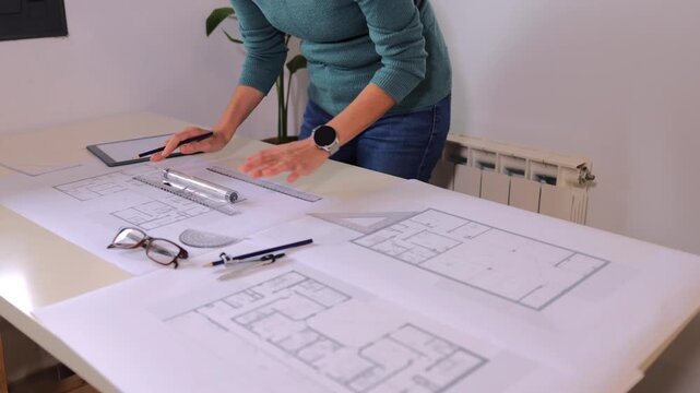 Professional female architect drawing building blueprint with pencil and ruler on a table. Engineer working on a new construction project in her modern office studio