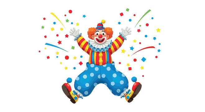 A cheerful clown jumping in the air with colorful confetti and streamers on a white background, conveying a joyful mood with a playful and celebratory atmosphere.