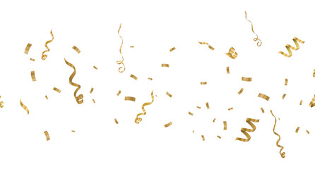 Fototapeta premium Falling isolated Gold Confetti. Glitter celebration PNG, Falling shiny gold confetti overlay on transparent background. Glossy golden festive tinsel. holiday