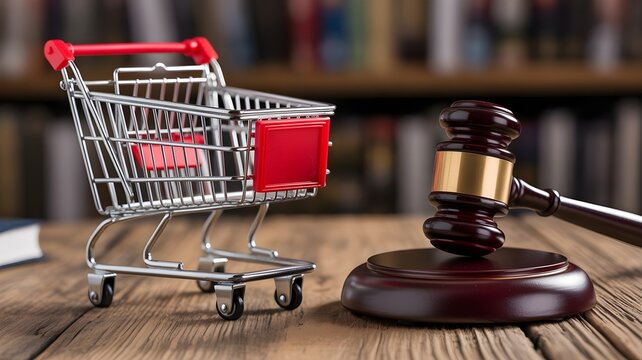 Miniature metal shopping cart beside a wooden judge gavel on a rustic desk representing consumer protection laws retail litigation and fair trade practices within a blurred law library background