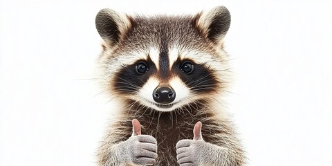 Obraz premium Adorable raccoon with a masked face giving a thumbs-up gesture, expressing approval in a fun way.