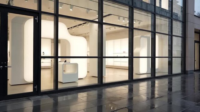 Minimalist Boutique Window Display concept inspired by black frame storefront design, Scandinavian-style exterior with charcoal aluminum window grids and a spacious bright interior washed in soft