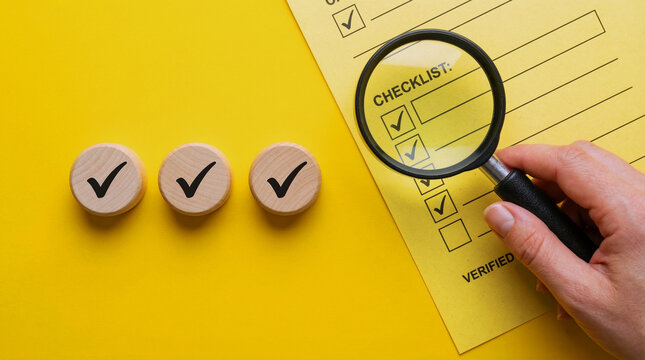 A hand holding a magnifying glass over a checklist and three wooden checkmarks on a yellow background