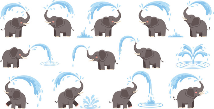 Cute Cartoon Elephants Splashing Water in Playful Fun and Nature-Inspired Illustration