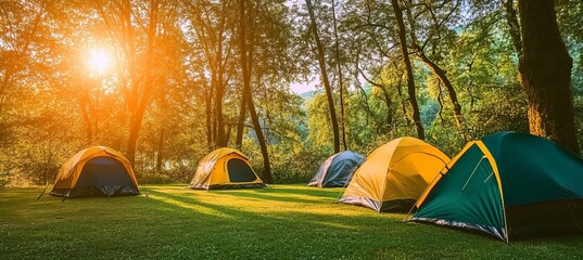 Idyllic Camping Adventure in the Forest at Dawn with Glowing Sunlight and Nature s Peace
