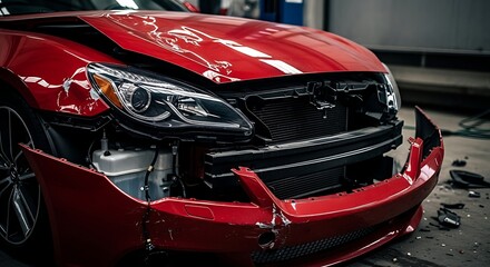 Fototapeta premium Damaged red car front end after road accident collision in professional auto repair workshop maintenance garage