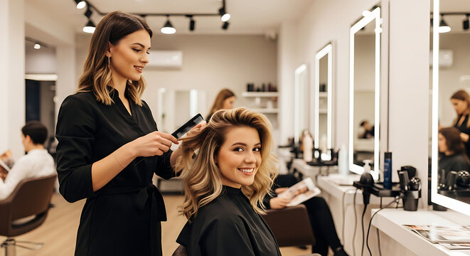 Radiant blonde woman relaxing in a professional salon chair while receiving expert hair styling treatment, elegant female client undergoing grooming makeover at a modern beauty parlor studio.