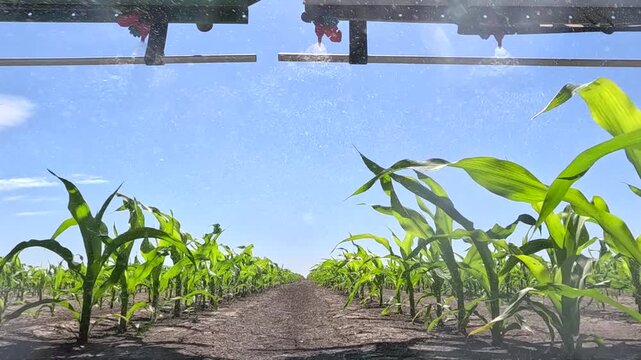 Spraying corn against weeds. Crop sprayer working on a corn field, slow motion. Spring day landscape, rural scene. The tractor and the sprayer protect the corn from weeds to the increase crop yield