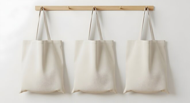 Three white canvas tote bags with embroidered designs hanging on a wooden dowel