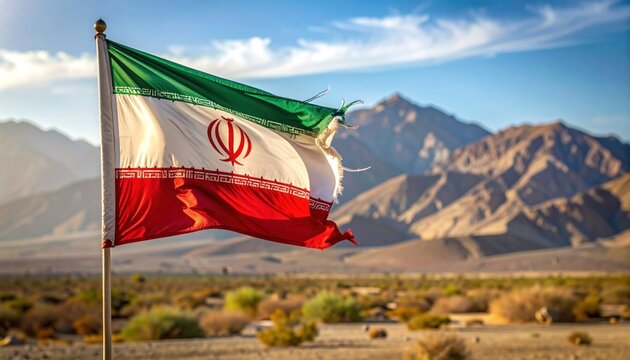 Iranian flag waving over desert mountains